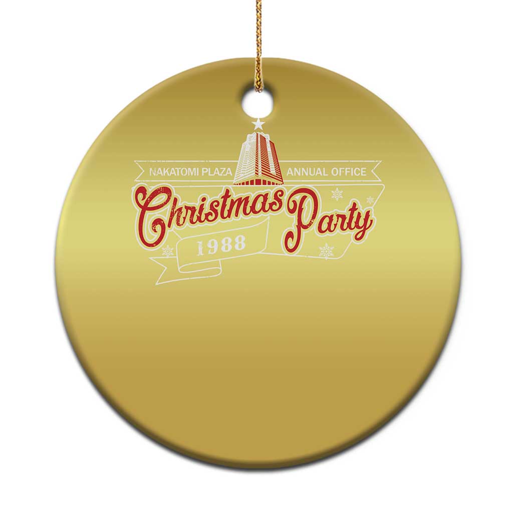 Gold round Christmas ornament with “Christmas Party 1988” graphic and hanging loop