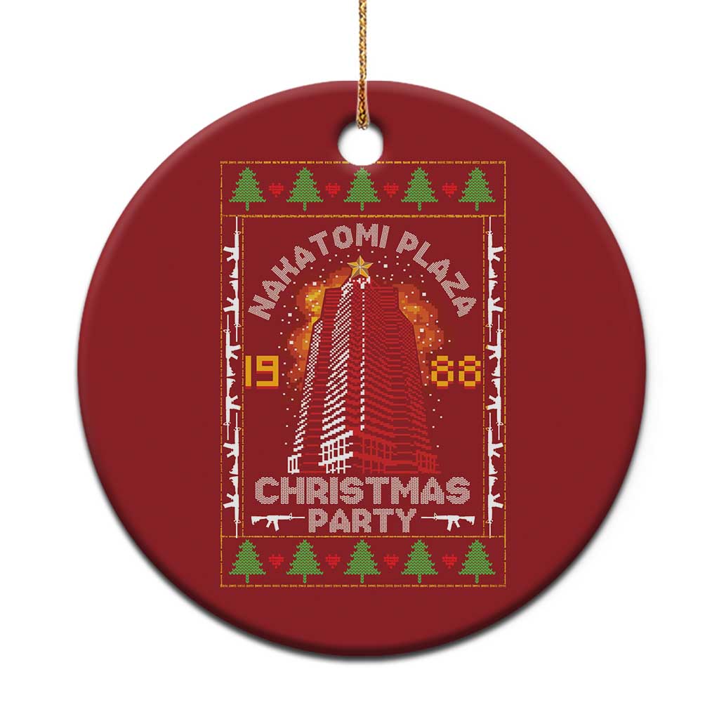 Red circle Christmas ornament with Nakatomi Plaza Christmas Party artwork