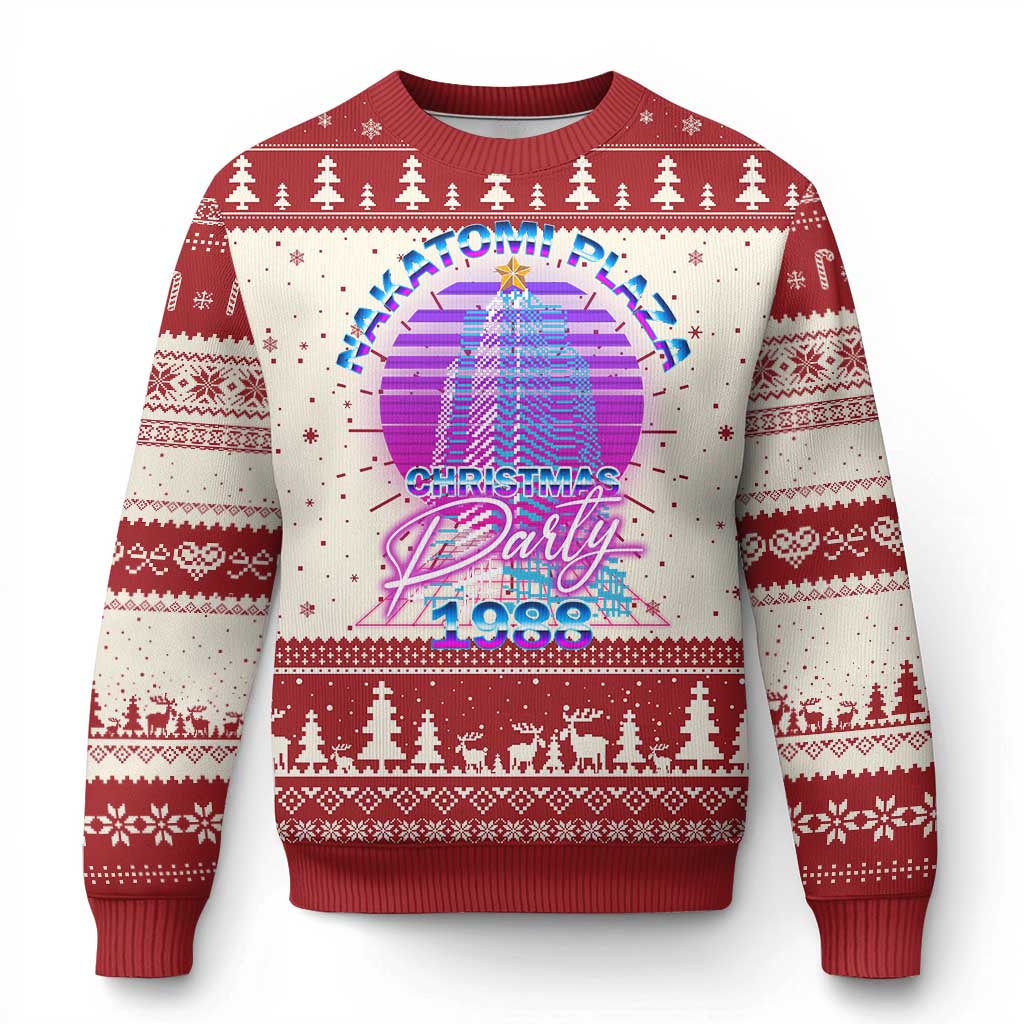 Red and cream ugly Christmas sweater with holiday trees and neon party graphic, crew neck