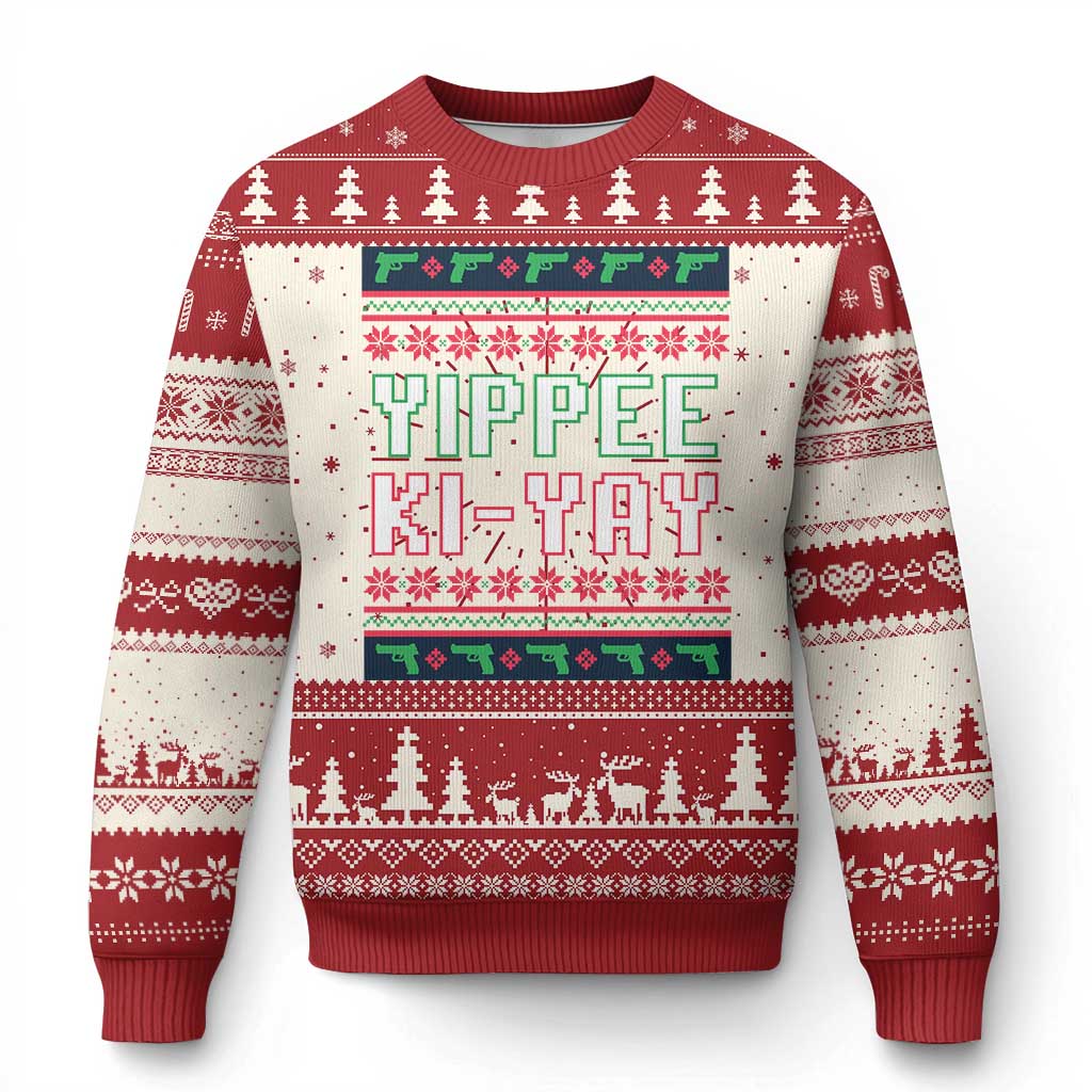 Red and cream ugly Christmas sweater with YIPPEE KI-YAY graphic and knit tree pattern