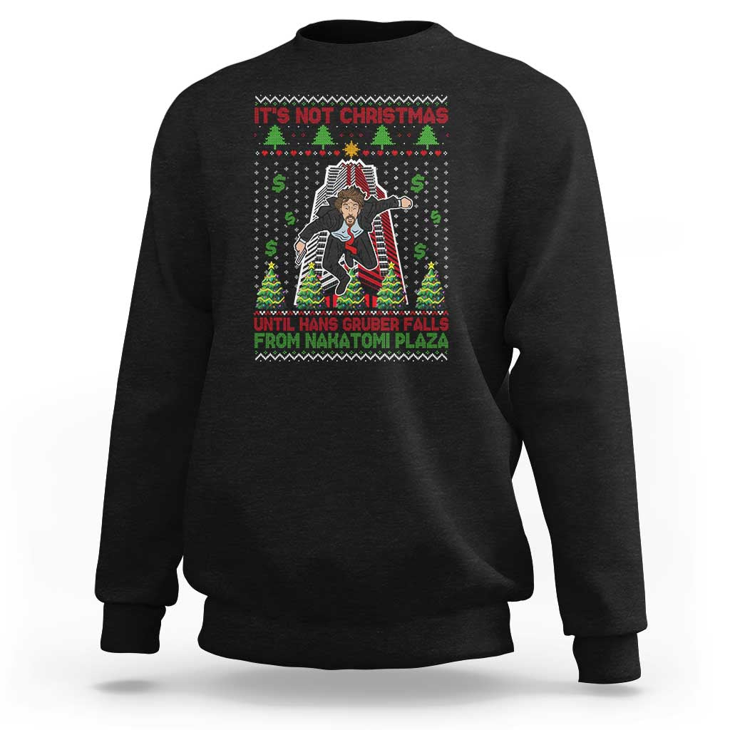 Black crewneck sweatshirt with long sleeves and front graphic print.