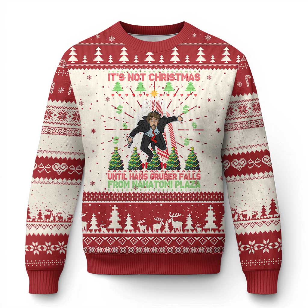 Red and white ugly Christmas sweater with character graphic, text, and tree knit pattern