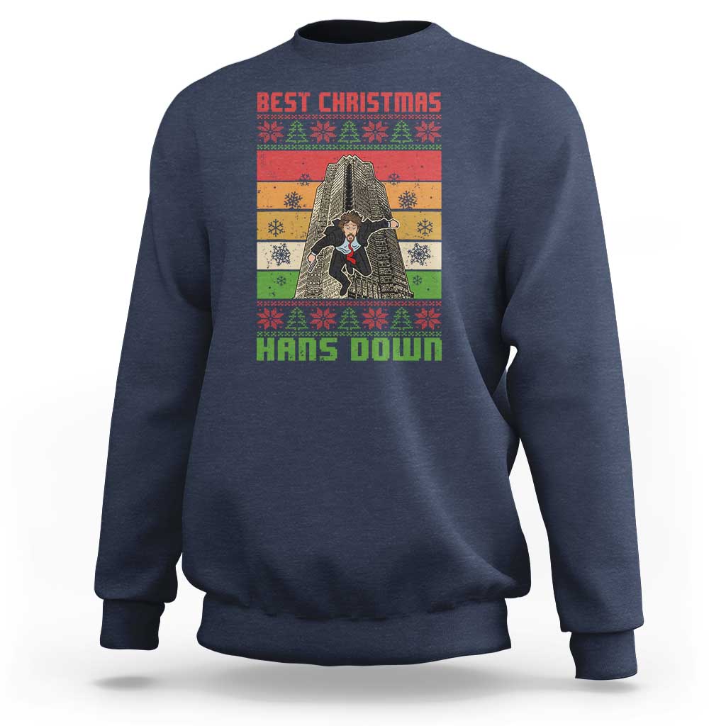 Navy crewneck sweatshirt with festive back graphic print and ribbed cuffs.