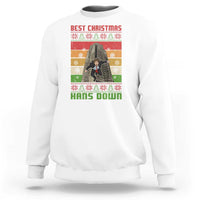 White crewneck sweatshirt with festive back graphic print and ribbed cuffs.