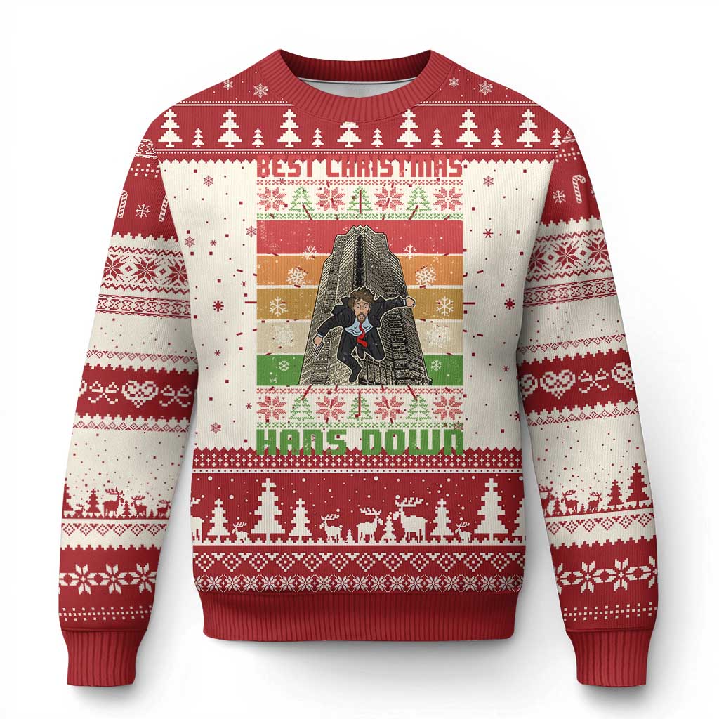 Red ugly Christmas sweater with central mountain character graphic