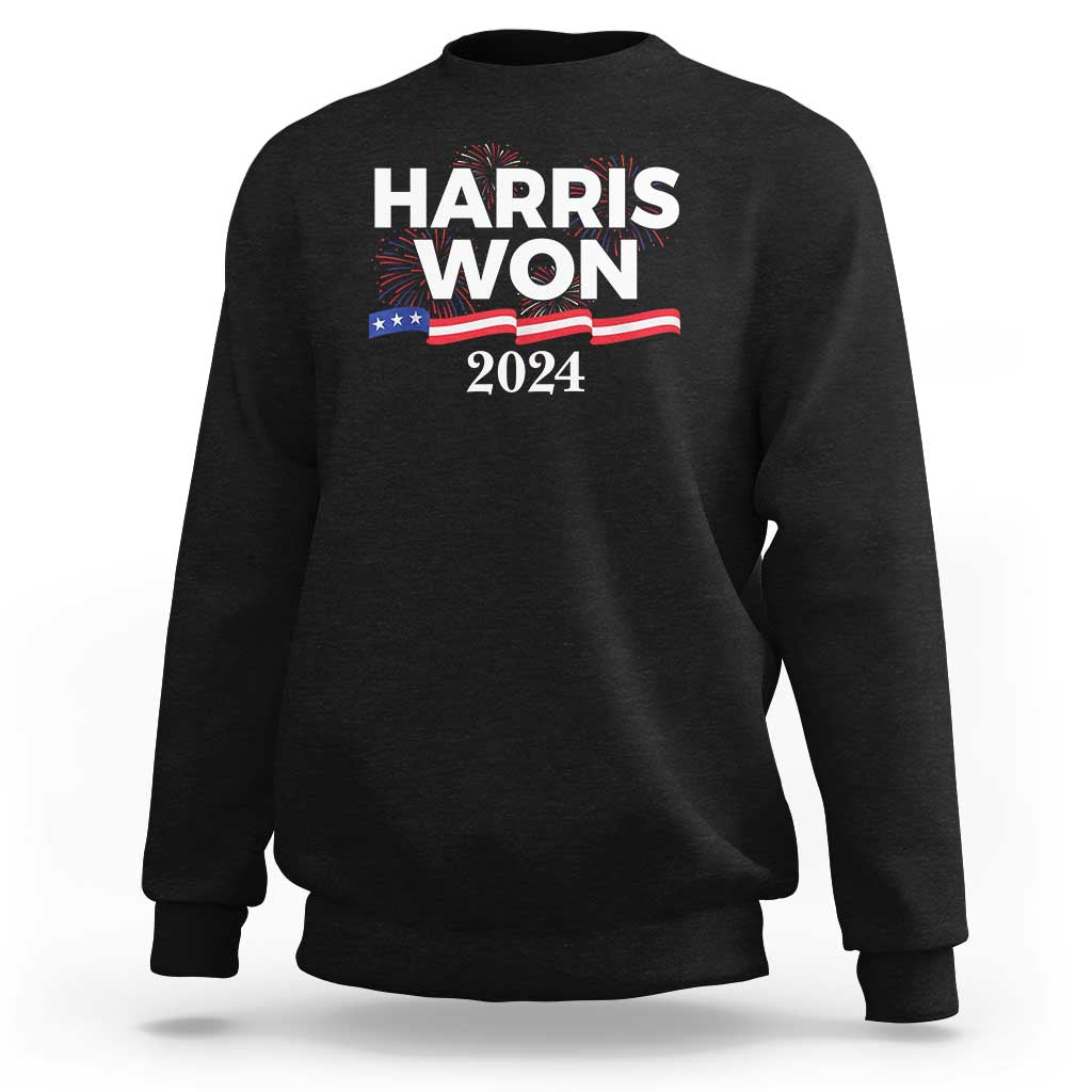 Black crewneck sweatshirt with front “HARRIS WON 2024” graphic and stars stripes