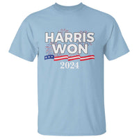Light blue Harris Won 2024 T-shirt with patriotic fireworks and flag graphic
