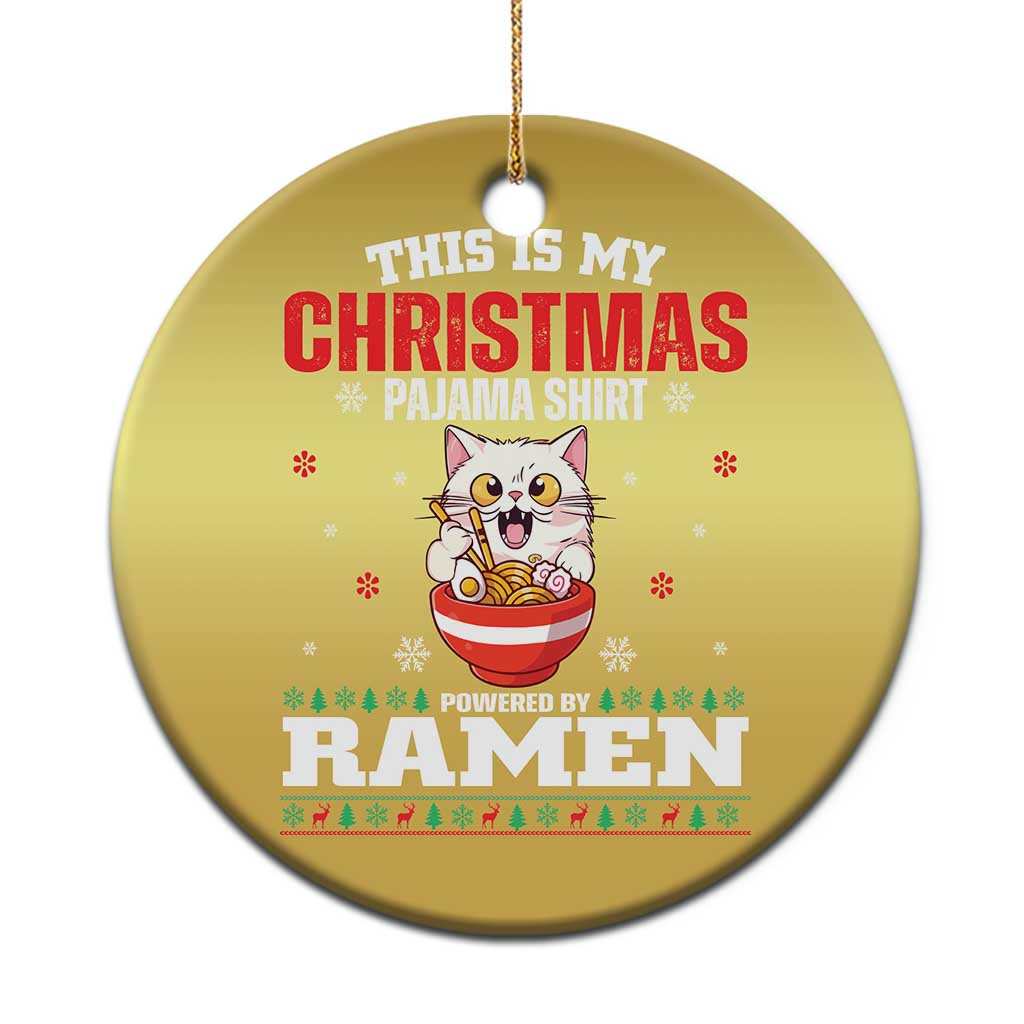 Gold round Christmas ornament with cute cat ramen graphic and hanging loop