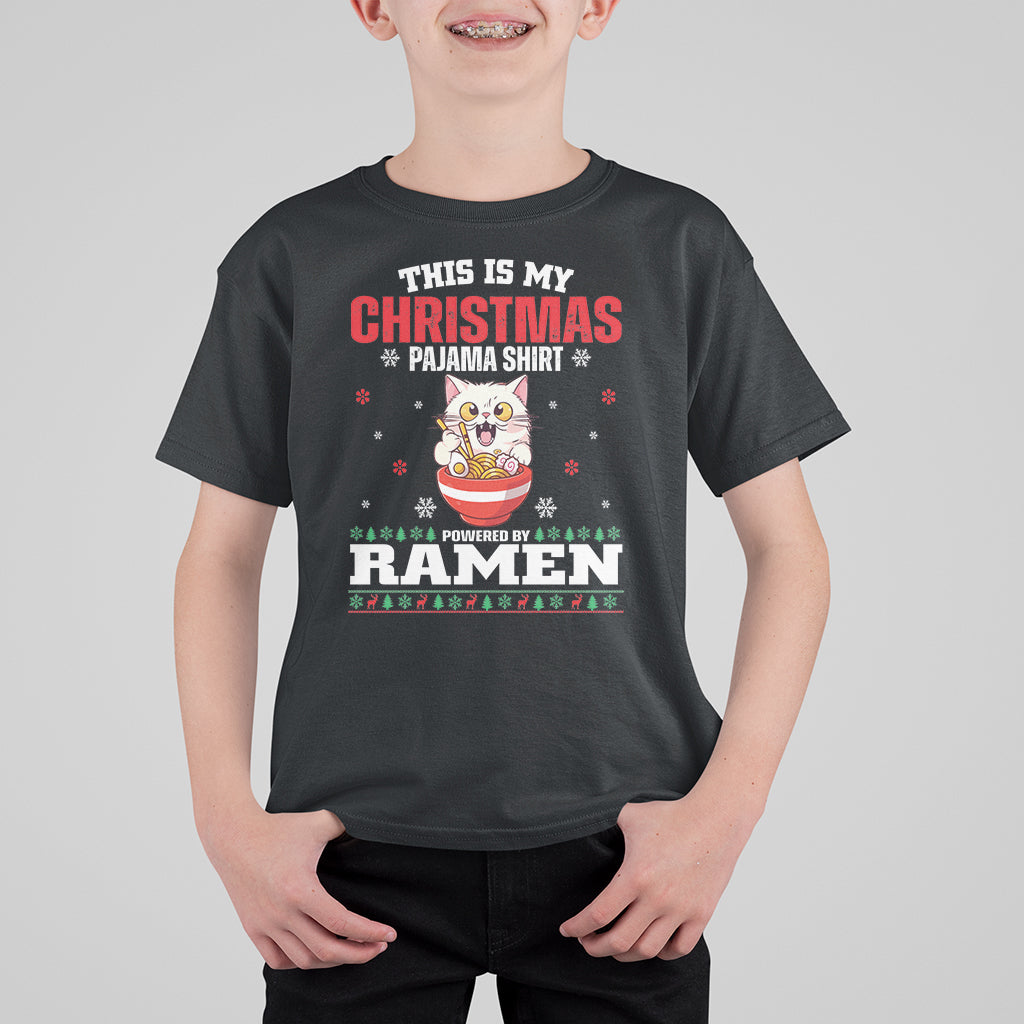 Kawaii Cat Powered By Ramen Christmas Japanese Noodle T Shirt For Kid - Wonder Print Shop