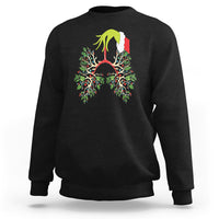 Black sweatshirt with colorful lung-and-holly Christmas light graphic on chest