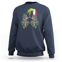 Navy sweatshirt featuring a colorful lung-and-holly Christmas light graphic on chest