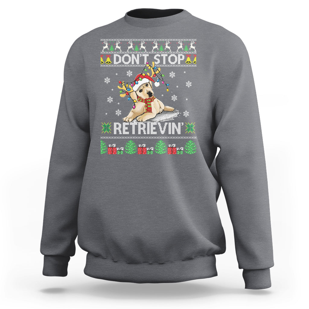 Charcoal gray holiday sweatshirt with retriever dog graphic and festive text