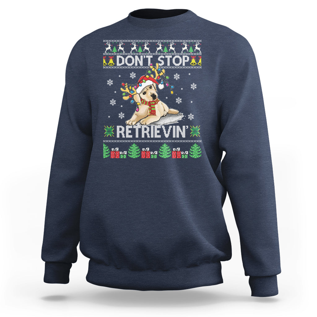 Navy holiday sweatshirt with retriever dog graphic and festive text