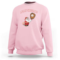 Light pink Christmas baseball sweatshirt with Santa batting graphic and 'Merry Christmas' print