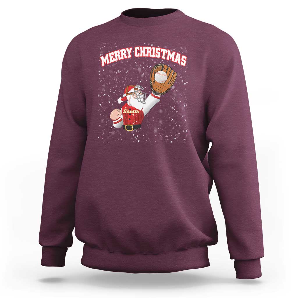 Maroon Christmas baseball sweatshirt with Santa batting graphic and 'Merry Christmas' print