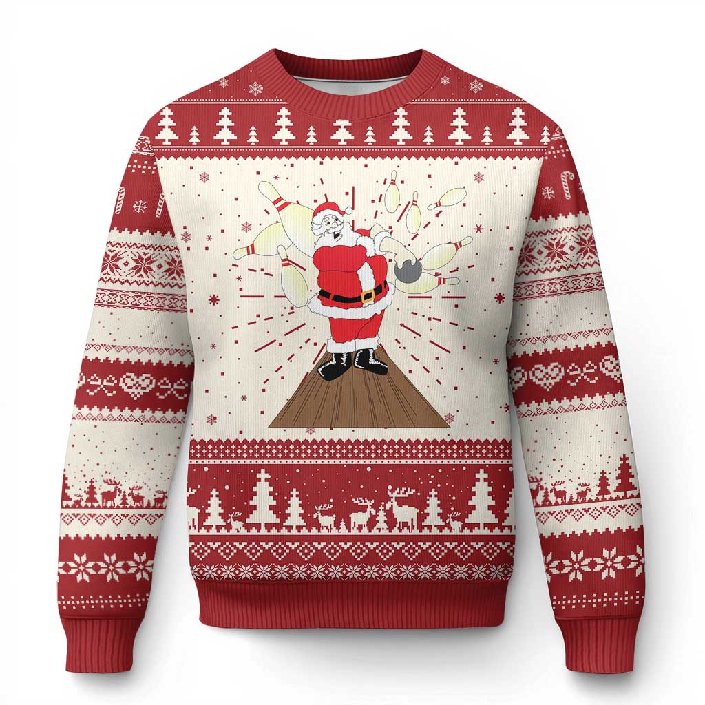 Red and white Christmas sweater with cartoon Santa bowling graphic and fair isle trim