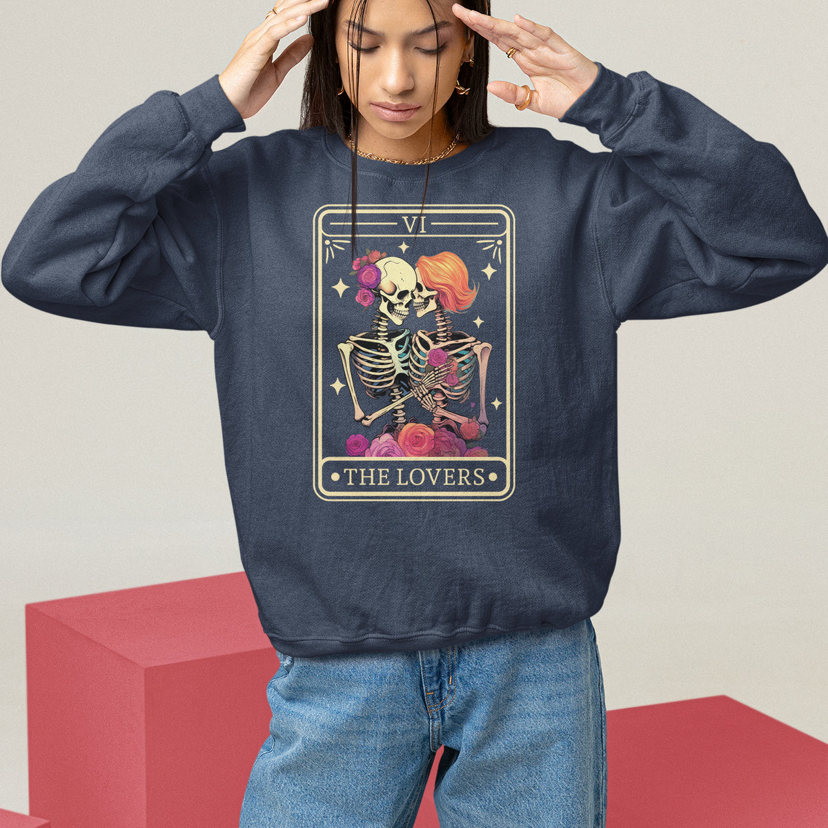 Navy goth sweatshirt with front skeleton kissing graphic and crew neck