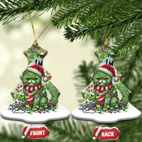 Bell-shaped green cat Christmas ornaments hanging, Santa hat and “Everything I’m Fine Is Fine”