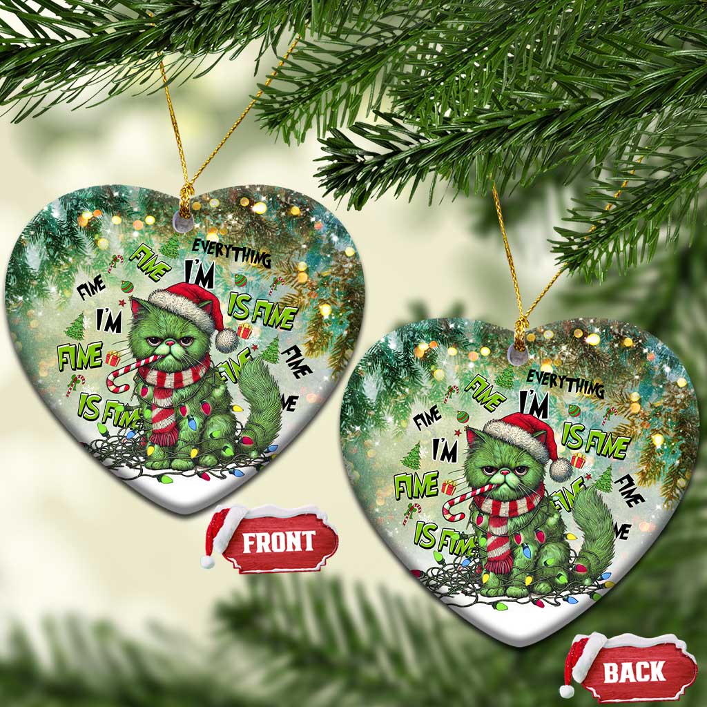 Heart-shaped green cat Christmas ornaments with Santa hat and “Everything I’m Fine Is Fine”
