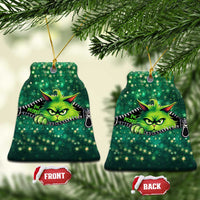 Green bell-shaped cat Christmas ornament with neon cartoon cat face and zipper graphic.