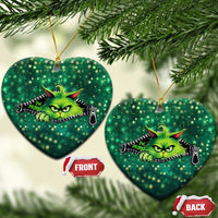 Green heart-shaped cat Christmas ornament with neon cartoon cat face and zipper graphic.