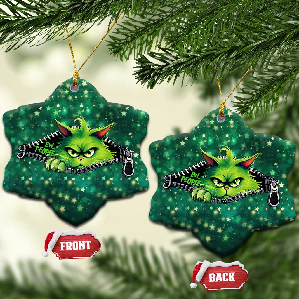 Green snowflake-shaped cat Christmas ornament with neon cartoon cat face and zipper graphic.