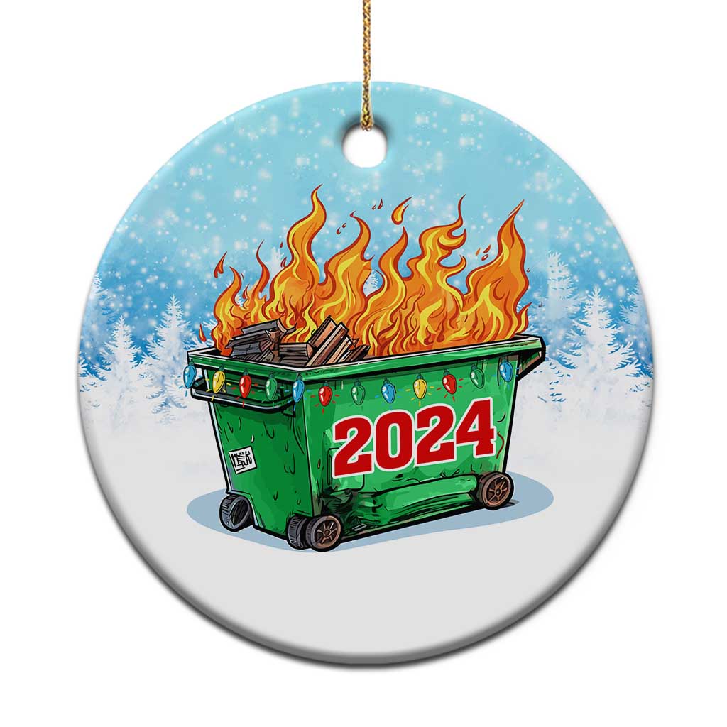 Round blue Christmas ornament with green dumpster fire and red 2024 lettering.