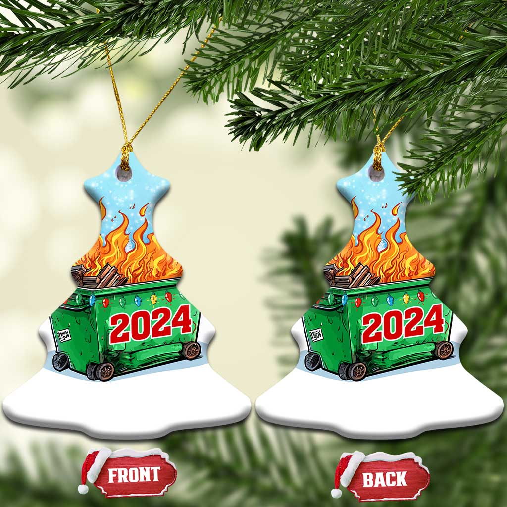 Pair of white bell-shaped ornaments with blue snowy scene, green dumpster fire and red 2024.