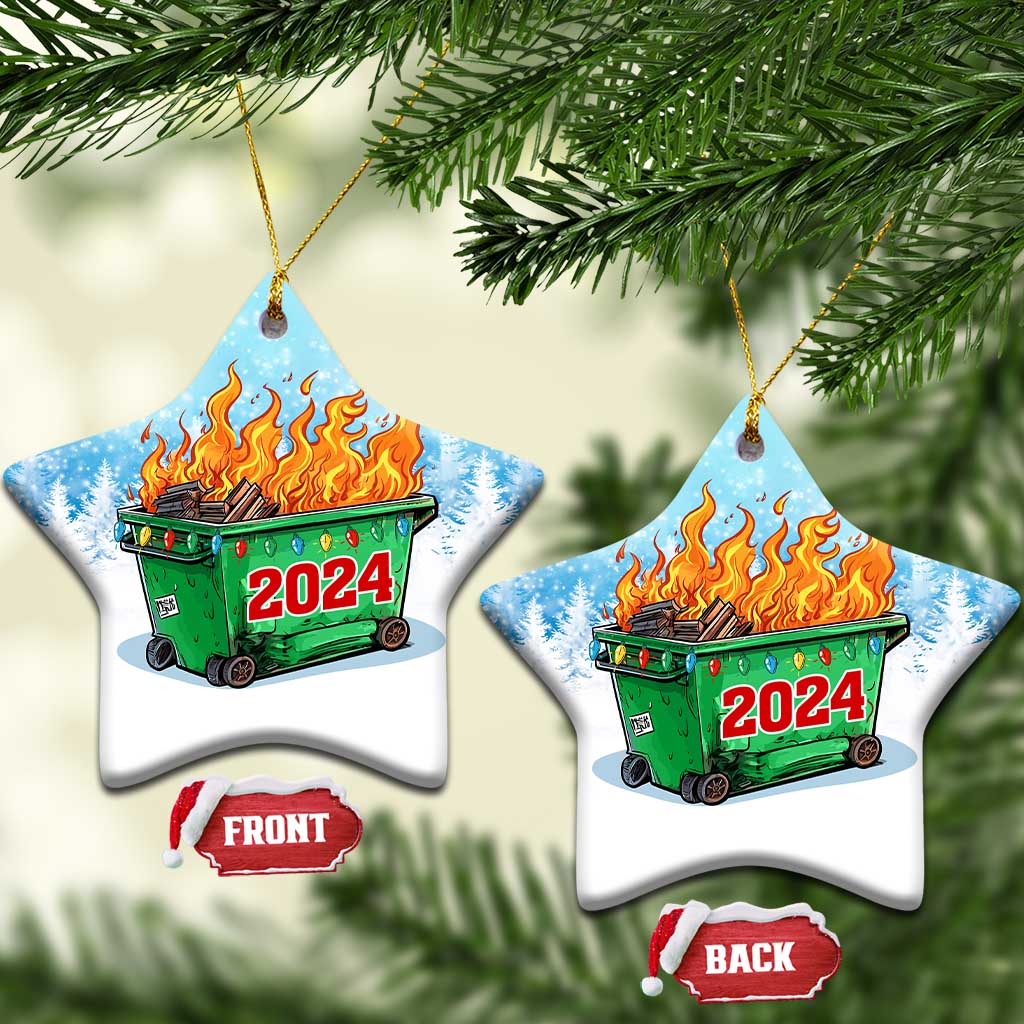 Star-shaped blue ornament with green dumpster fire and red 2024 on snowy background.
