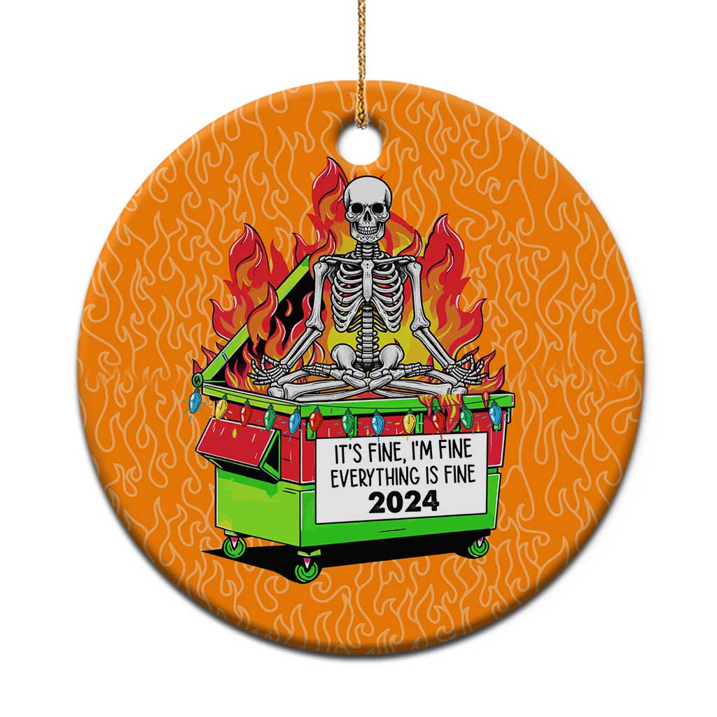 Orange circle Christmas ornament with skeleton in flames over a green dumpster graphic