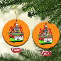 Orange circle Christmas ornament set: skeleton-in-flames dumpster design with front/back tags