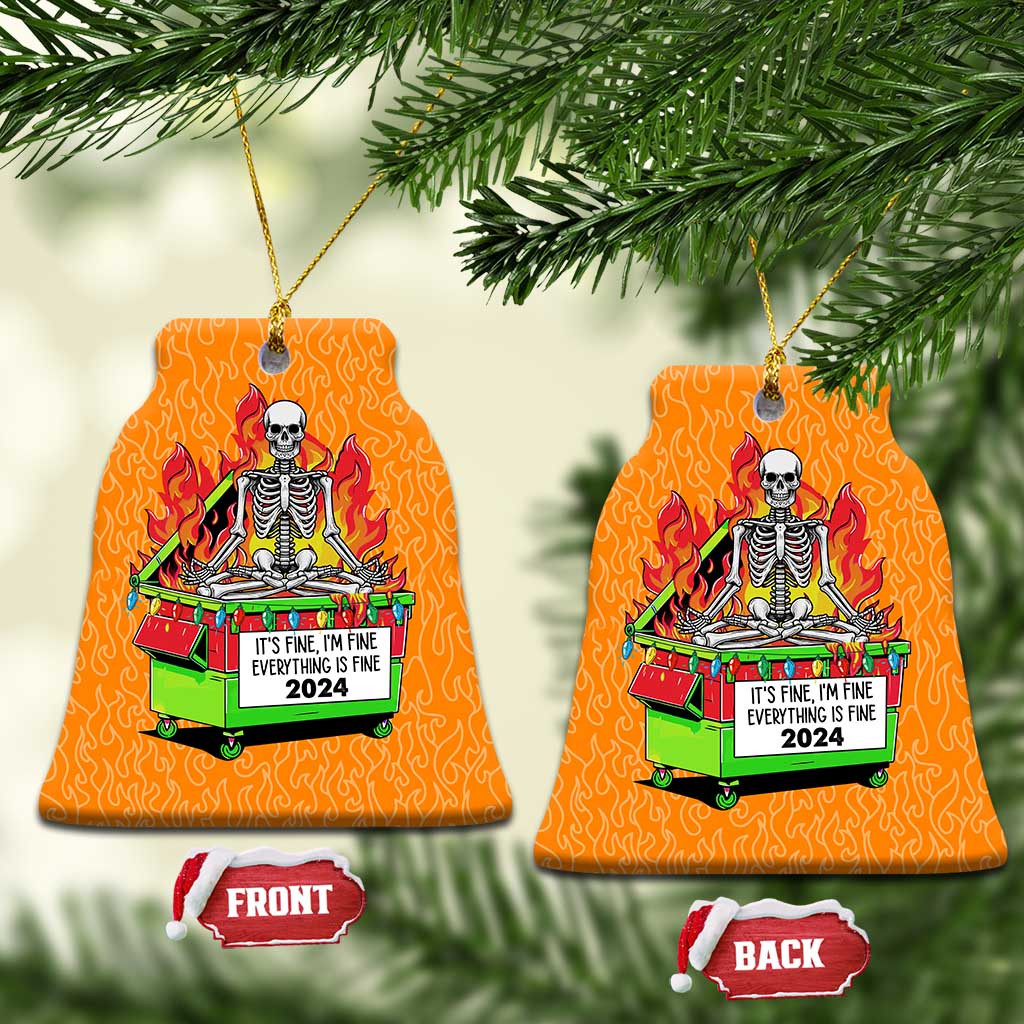 Orange bell-shaped Christmas ornament set with skeleton-in-flames dumpster front/back tags