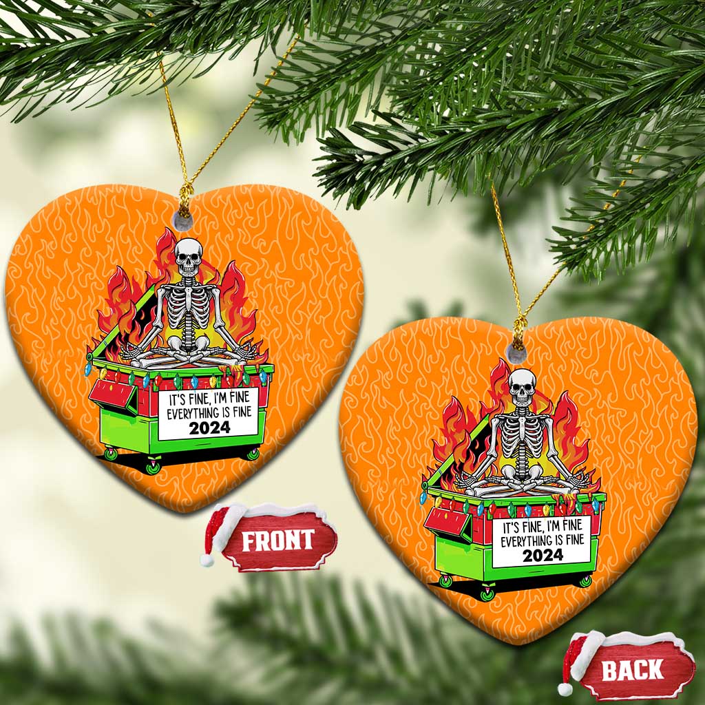 Orange heart-shaped Christmas ornament set with skeleton-in-flames dumpster graphic