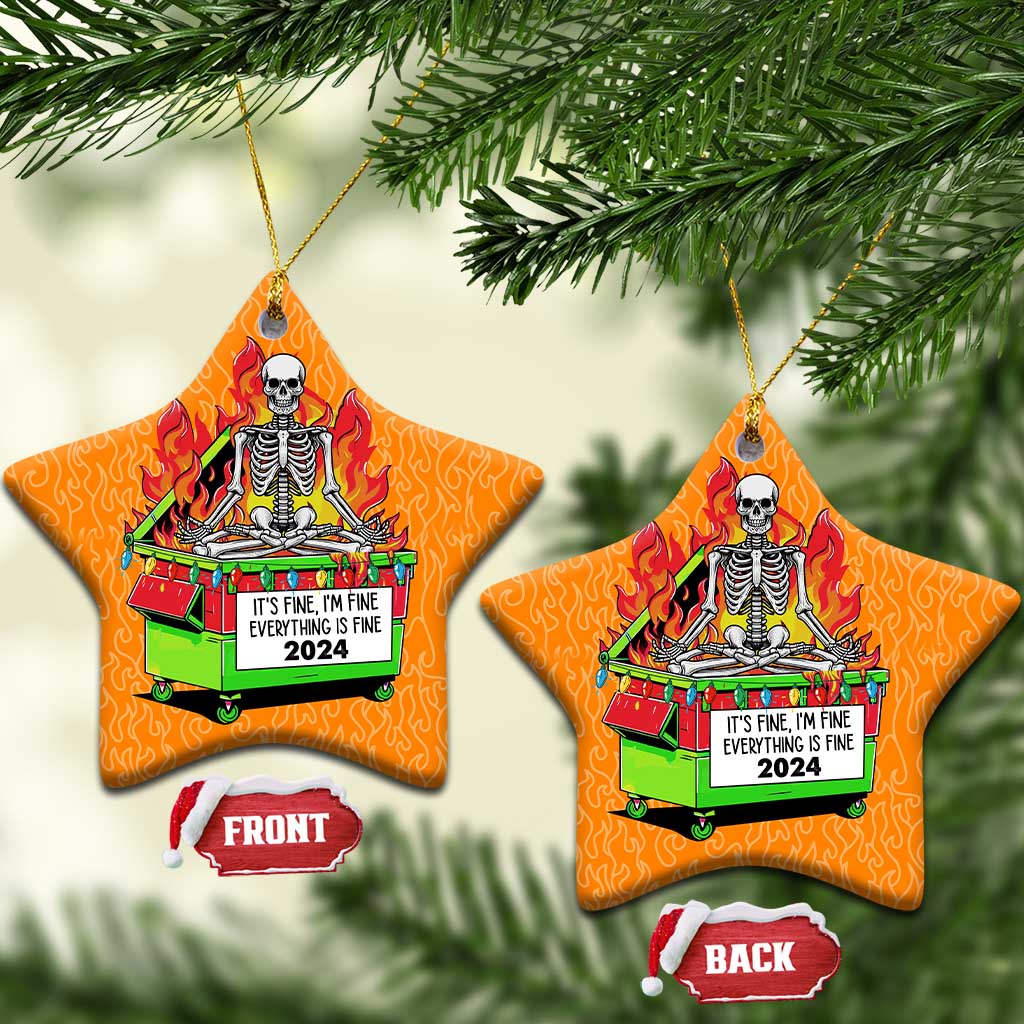 Orange star-shaped Christmas ornament set with skeleton-in-flames dumpster graphic and tags