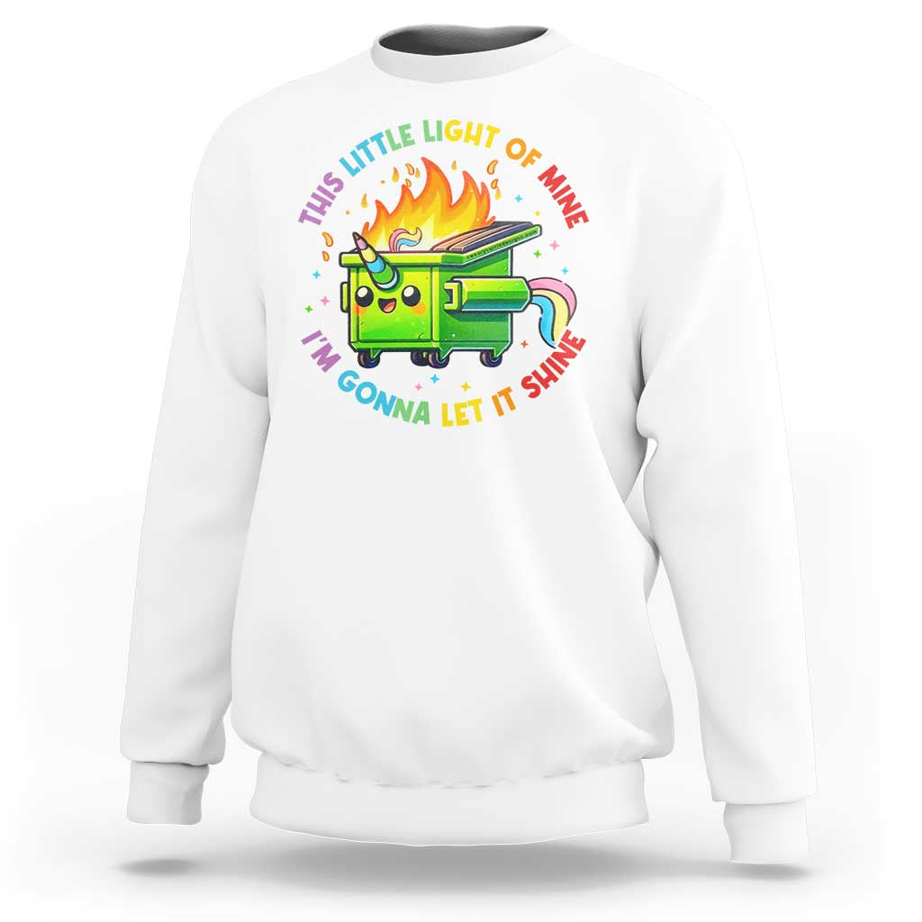 White sweatshirt with crew neck and colorful fire truck holiday graphic on front