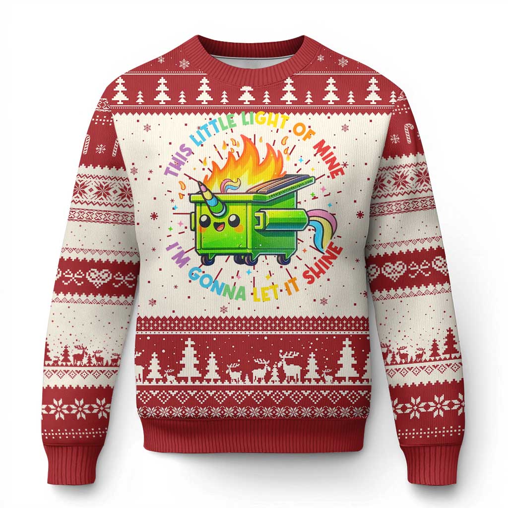Red and cream crewneck ugly Christmas sweater with fire truck graphic and tree fair isle