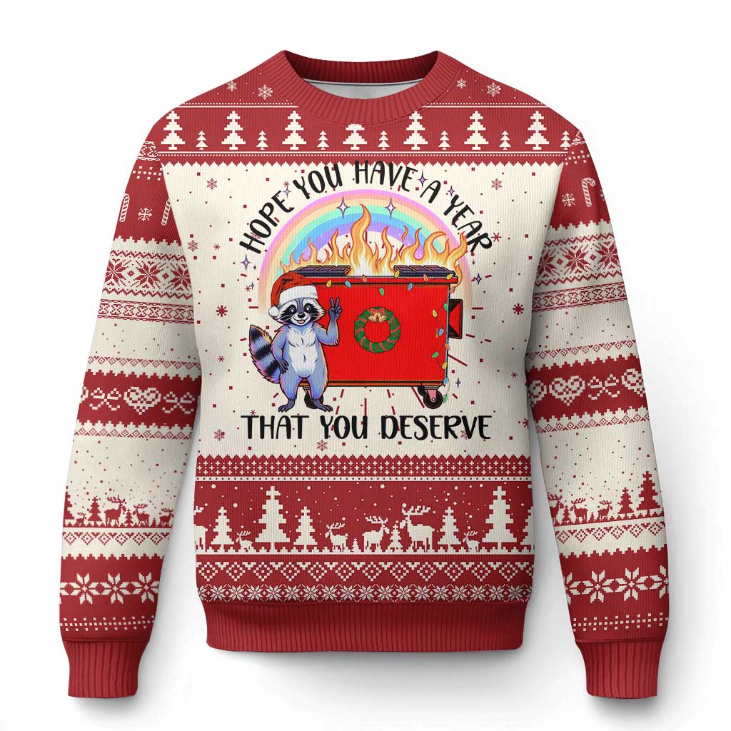 Red and cream ugly Christmas sweater with raccoon and flaming dumpster front graphic