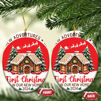 Two red round Christmas ornaments hanging on branches, featuring a decorated house and “First Christmas 2024”.