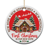 Red round Christmas ornament with decorated house, fir trees, and “First Christmas in our new home 2024”.