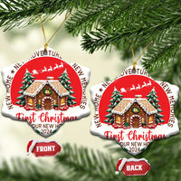 Two red round Christmas ornaments with decorated house artwork and “First Christmas in our new home 2024”.
