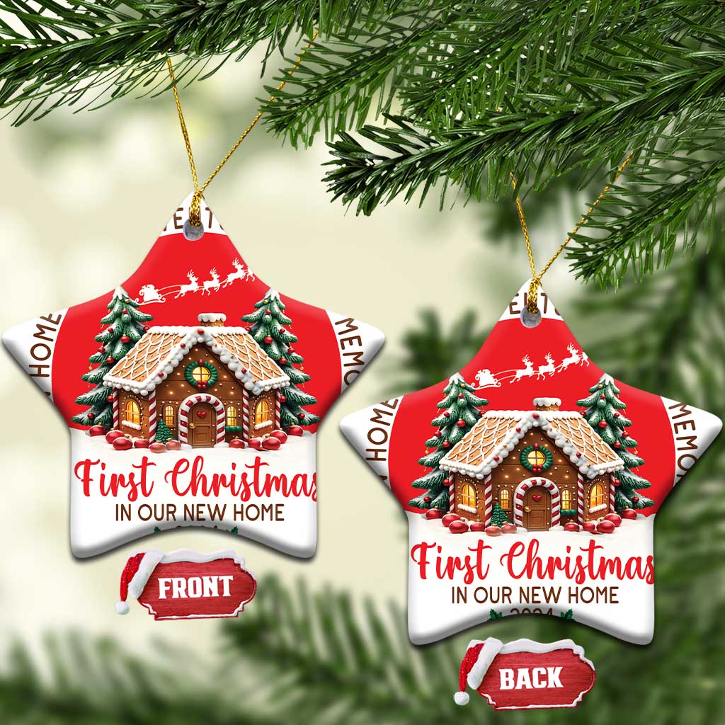 Two bell-shaped Christmas ornaments hanging from a tree, each showing a decorated house and “First Christmas 2024”.