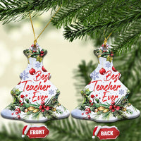 Pair of tree-shaped Christmas ornaments with “Best Teacher Ever” text; front and back marked