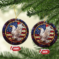 Two round American flag bald eagle ornaments with gold hanging cords