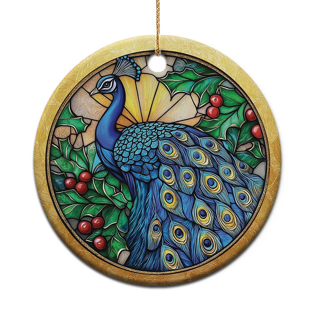 Gold round peacock bird Christmas ornament with blue and yellow feather pattern
