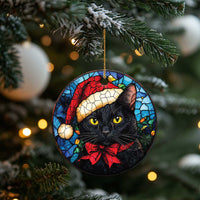 Round Santa black cat Christmas ornament with red bow, gold hanging loop