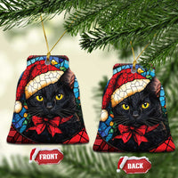 Two hanging ornaments: front and back views of Santa black cat with red bow