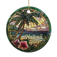 Hawaii 2024 circle ornament with palm trees, ocean waves, and hibiscus flower design