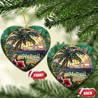 Hawaii 2024 circle and heart ornaments with palm trees, ocean waves, and hibiscus