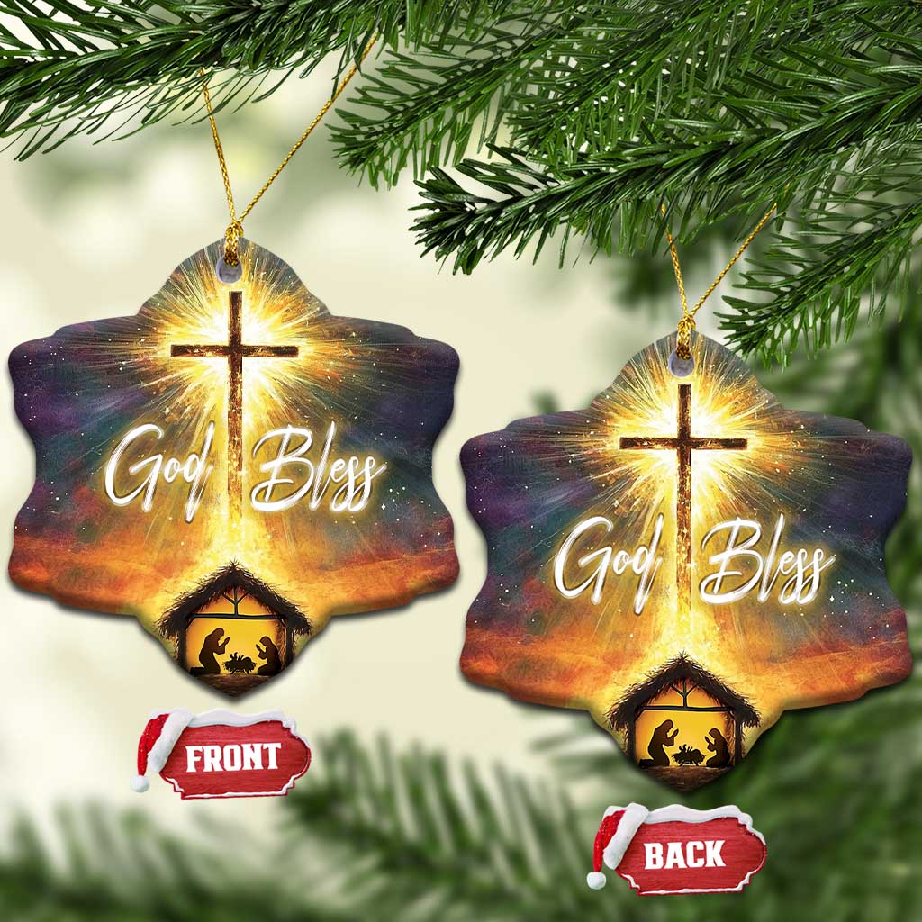 Set of two star nativity ornaments with glowing cross, “God Bless,” and manger scene