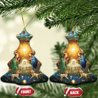 Pair of Christmas tree-shaped nativity ornaments with gold hanging cords